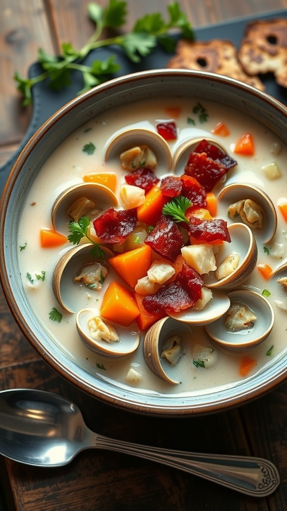 A bowl of Whole30 clam chowder with clams, vegetables, and bacon garnished with parsley against a rustic background.